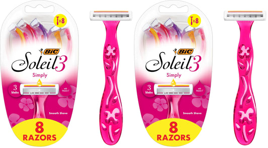 BIC Soleil Simply Smooth Women's Disposable 3 Blade Razors, Moisture Strip and Comfortable Handle, Skin Care Routine Kit, 8 Count (Pack of 2)