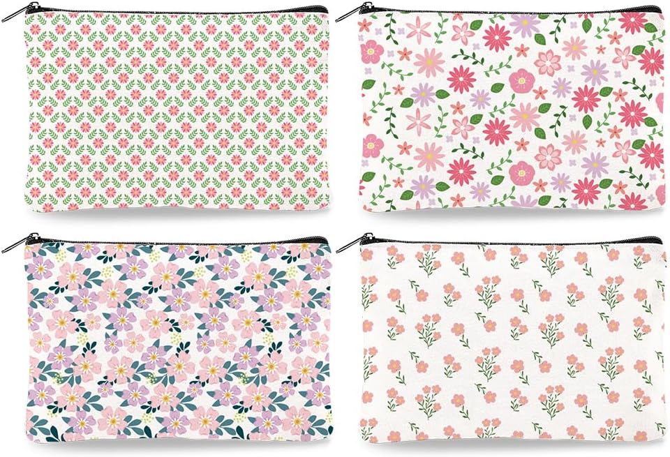 Canvas Western Cowboy Makeup Bag Set - 4Pcs Cactus Cow Design | Portable Travel Organizer, Large Capacity Toiletry Pouches 9.06” x 5.9”