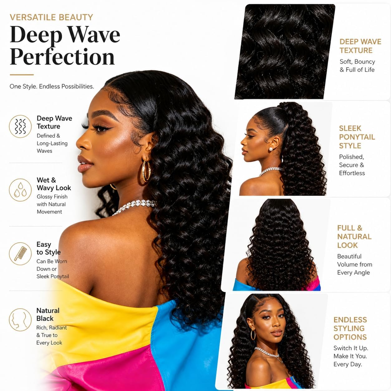 Deep Wave Bundles Human Hair 16 16 16 18 18 Inch 100% Unprocessed Brazilian Virgin Hair 5 Bundles Extensions for Black Women Natural Color
