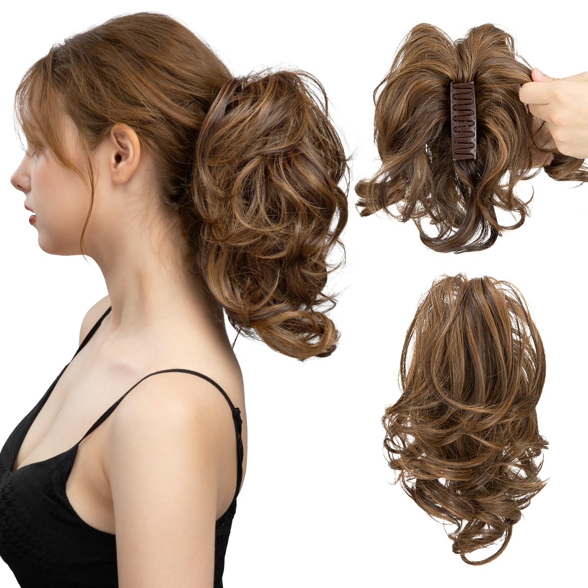 CJL Hair Claw Clip Short Ponytail Extensions - Bendable Metal Messy Bun Piece | Wavy Curly Synthetic Hair, Ash Grey