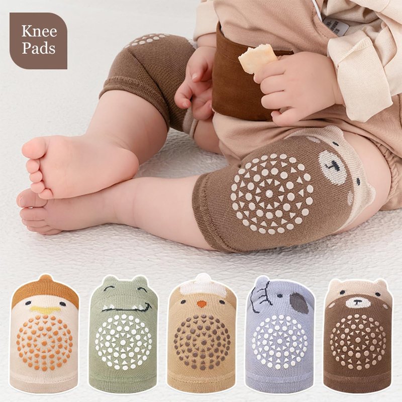 WATOCHE Baby Crawling Knee Pads and Socks with Anti-Slip Grips 10 Pairs Unisex Baby Toddler Nonslip Kneepads & Ankle Floor Socks(10 Pairs-Brown Animal,0-12M)