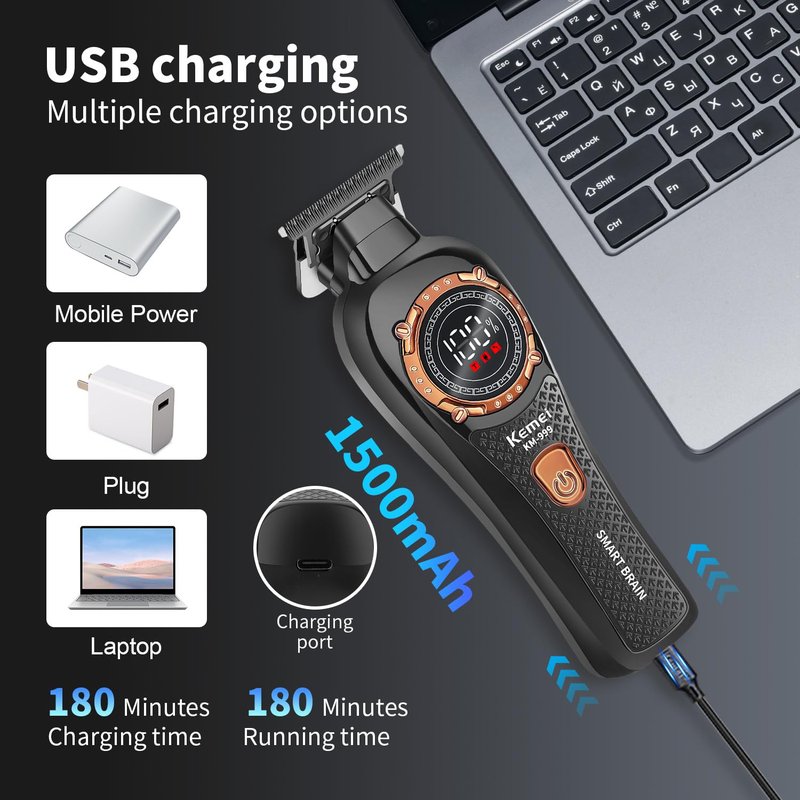 KEMEI 999 Professional Hair Clipper for Men, Cordless Electric Beard Trimmer Men, Zero Gapped T-Blade Hair Trimmer with LCD Display and 3 Guide Combs