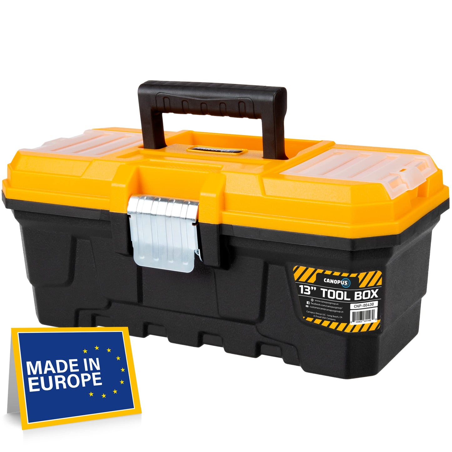 CANOPUS Plastic Toolbox, 13-inch Portable Plastic Tool Box with Metallic Clutch, Small Tool Box Tool Organizer with Extra Storage Tray for Home Tools, Nails and Pins, Black-Yellow