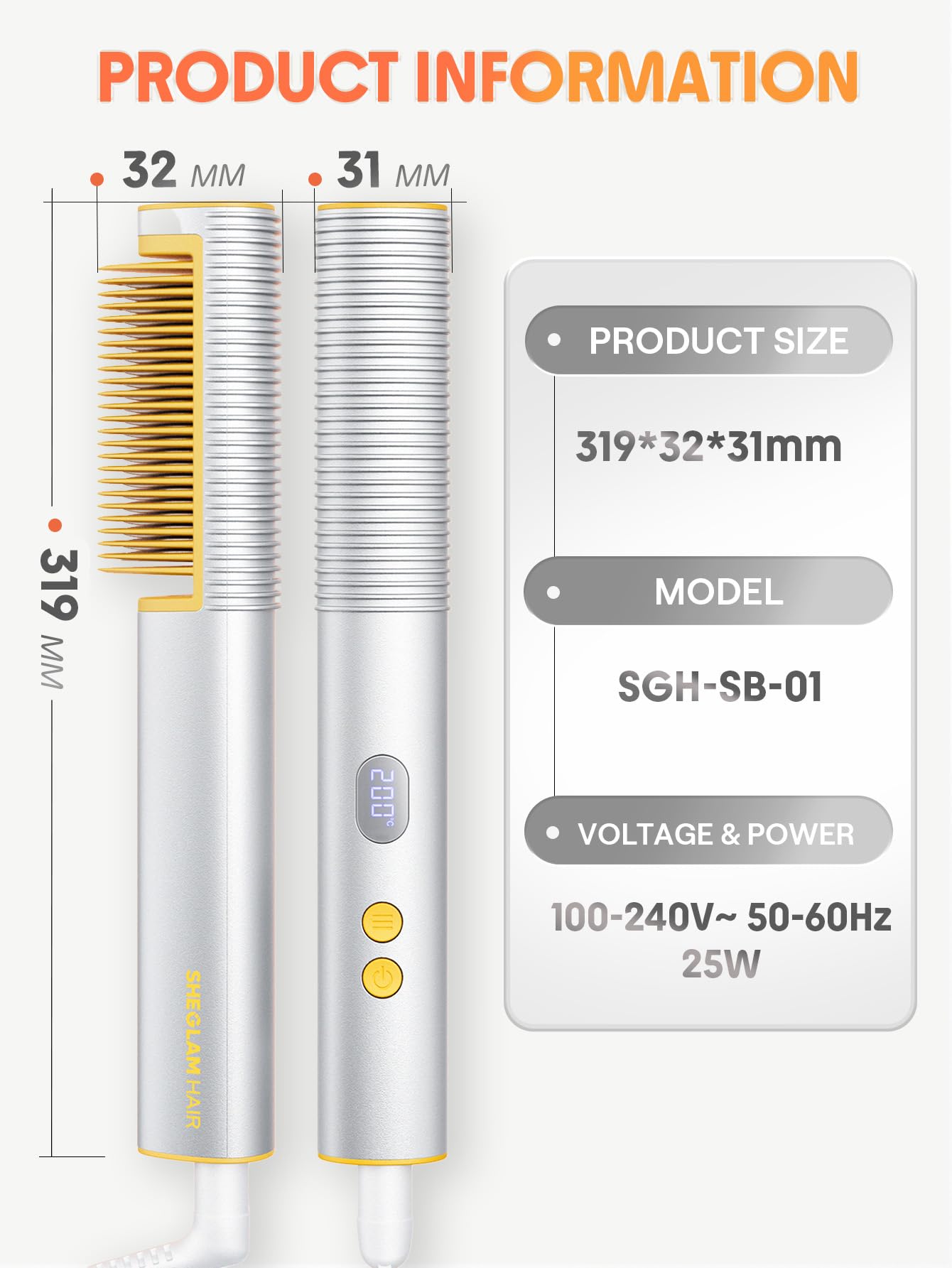 SHEGLAM Hair Straightener Brush, Hair Straightener with 24K Gold Comb, 3D Ionic Hot Comb Straightener, Anti-Scald Design, Fast Heat-Up, Auto-Off, Frizz Control, Sleek & Smooth Styling