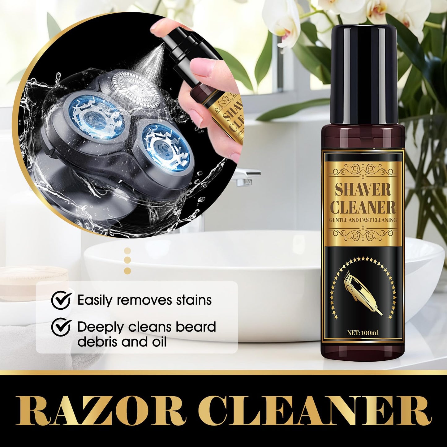 kuailaya Shaver Cleaning Solution, Shaver Cleaner and Clipper Blade Oil 2-in-1 Cleaning & Maintenance Kit with Clean Brushes Deep Cleaning and Lubrication Extends Razor Life Works for All Razors