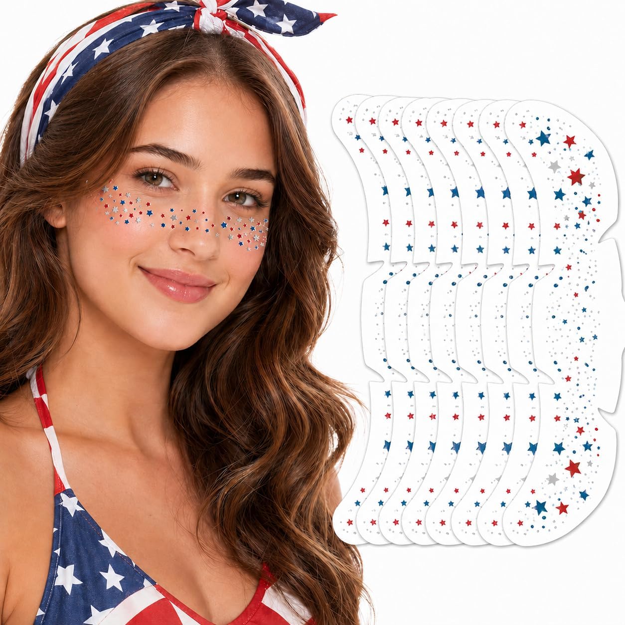Artlunar 8 Pcs Red White Blue Star Freckle Stickers - Glitter Face Makeup for 4th of July | Patriotic Accessories for Women & Kids