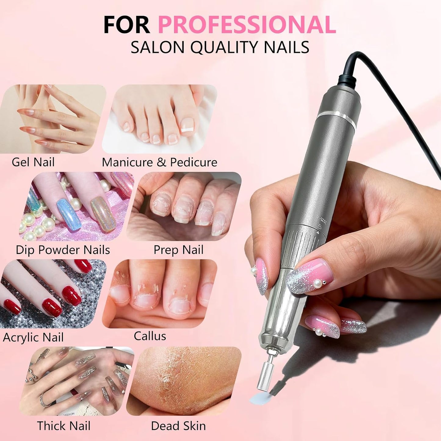 Professional Nail Drill - 40000 RPM Cordless Electric Nail File Kit with 6 Bits | Rechargeable Efile for Acrylic Gel Nails, Pink