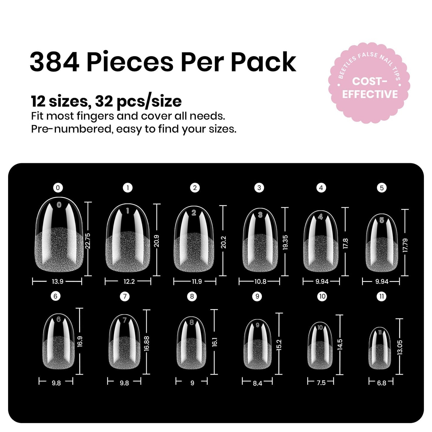Beetles Gel Nail Tips Etch-X- Oval Short, 384pcs 12 Sizes, Pre-Etched Half Matte Full Cover Soft Gel Nail Tips, Press on False Nail Extension Acrylic Fake Nails, Easy DIY Salon Art