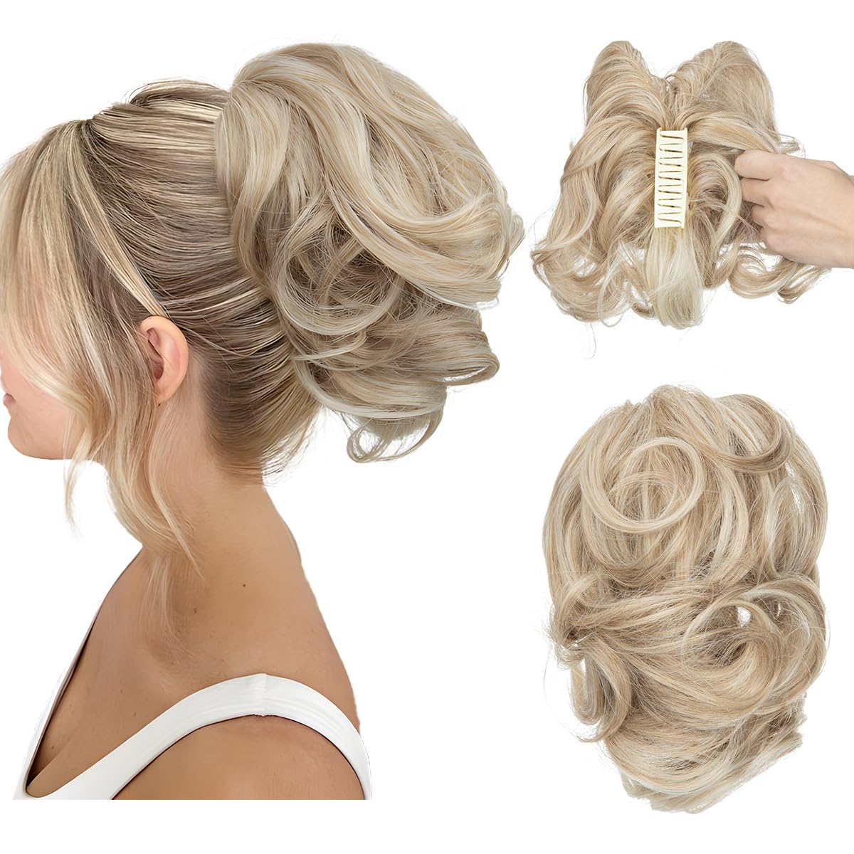 CJL Hair Claw Clip Short Ponytail Extensions - Bendable Metal Messy Bun Piece | Wavy Curly Synthetic Hair, Ash Grey