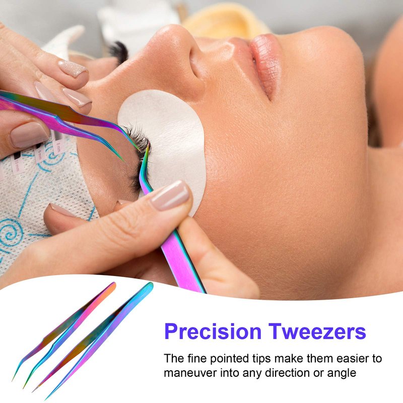 2 Pieces Straight and Curved Tip Tweezers Eyelash Extension Tweezers, Stainless Steel False Lash Application Tools (Iridescence)