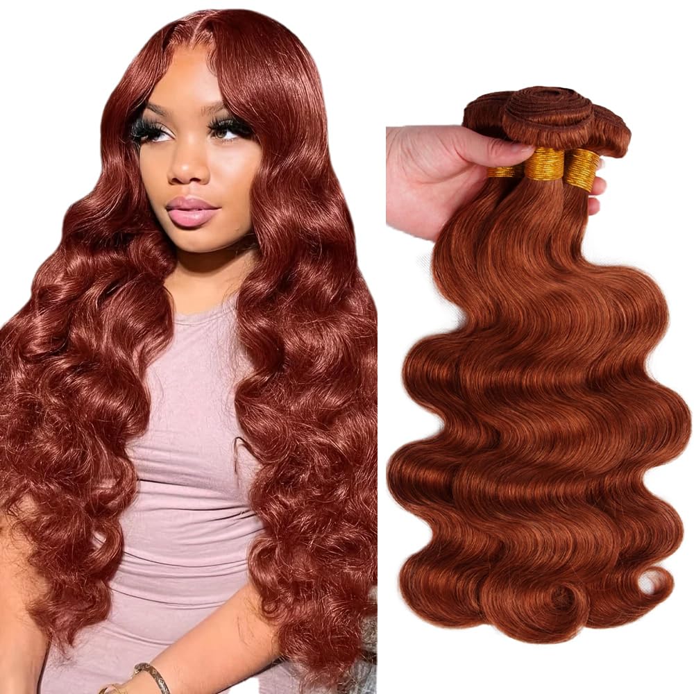 30 32 34 Inch Body Wave Bundles Human Hair #33 Reddish Brown Human Hair Bundles Huxowax Auburn Bundles Weave 3 Bundles Total 150g