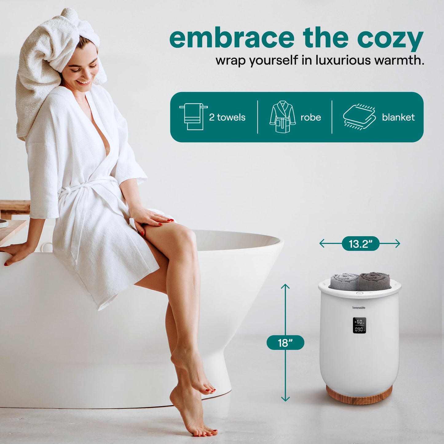 SereneLife Digital Display Bucket Towel Warmers, White Large Towel Warmer for Spa and Bathroom, Luxury Towel Heater Gifts for Him & Her, Auto Shut-Off, Fits 2 large, Blankets, Bathrobes, PJ's