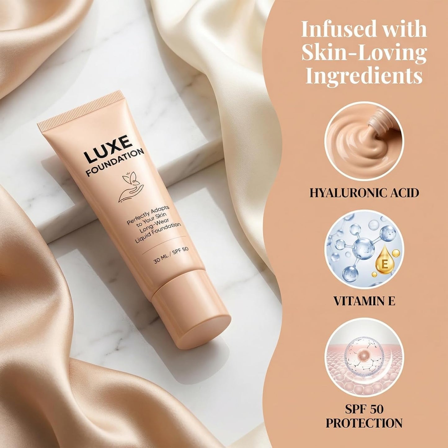 Color Changing Foundation for Women - Hyaluronic Acid & Vitamin E, Flawless Finish, SPF 50 | 30 ML