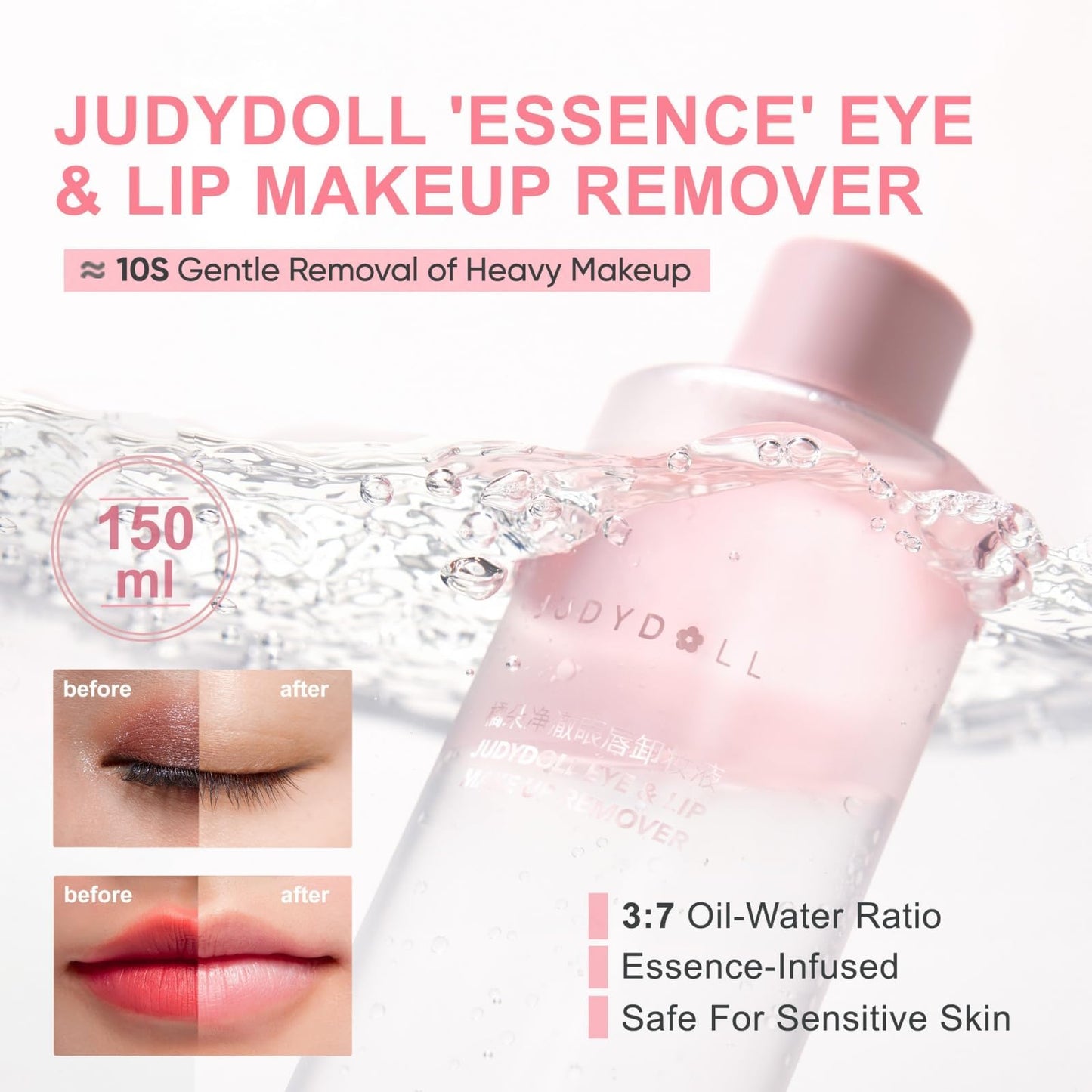 JUDYDOLL Eye & Lip Make Up Remover- Removal of Heavy Makeup,Gentle Cleanser Iron Mascara&Waterproof Makeup, Plant Formula with No Irritation, Fast, Safe&Easy, Sensitive Skin Friendly