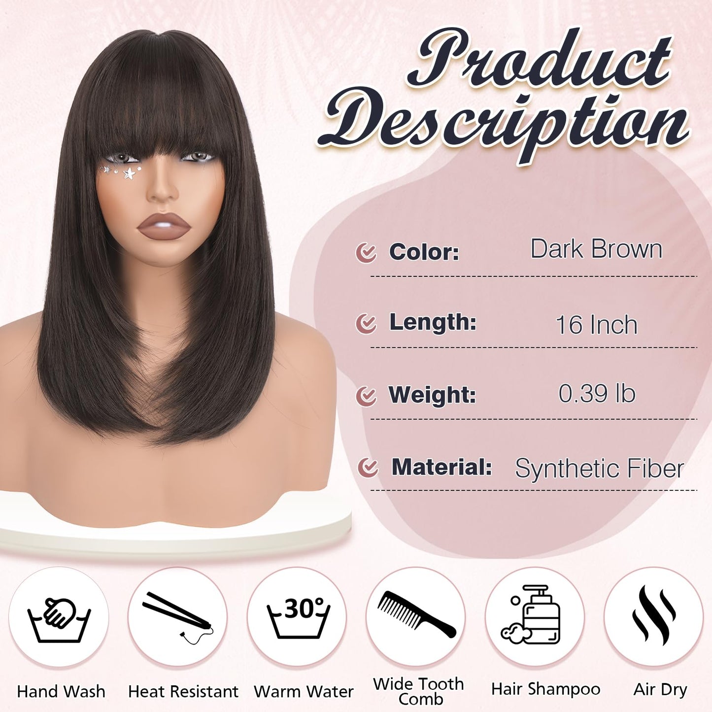 Haloo Brown Bob Wigs with Bangs Shoulder Length Straight Natural Looking Synthetic Heat Resistant Medium Hair Wigs for Women Daily Party, 16 Inch Dark Brown