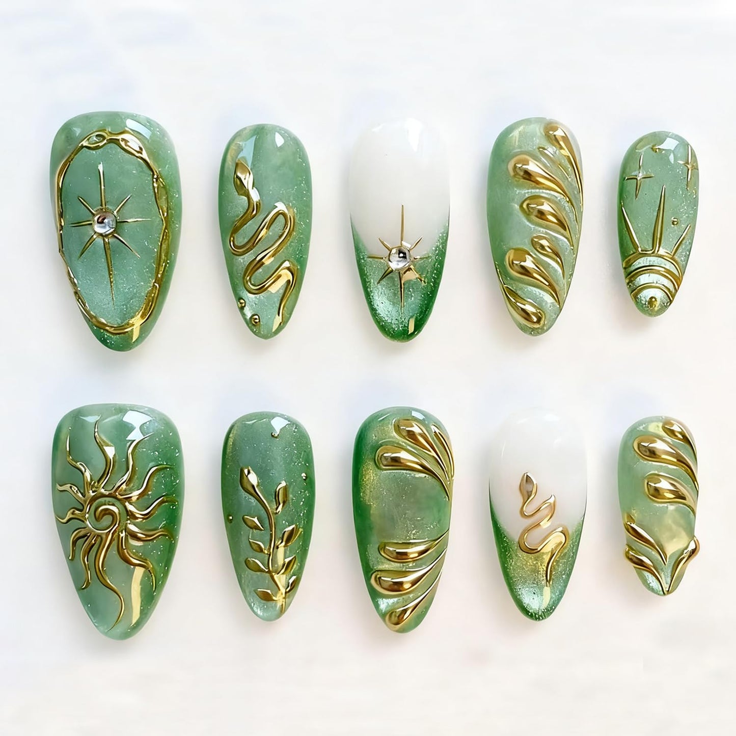 Christmas Press-On Nails - 30 Pcs Medium Almond Acrylic Nails with 3D Star & Pearl Designs | Winter Green Full Cover