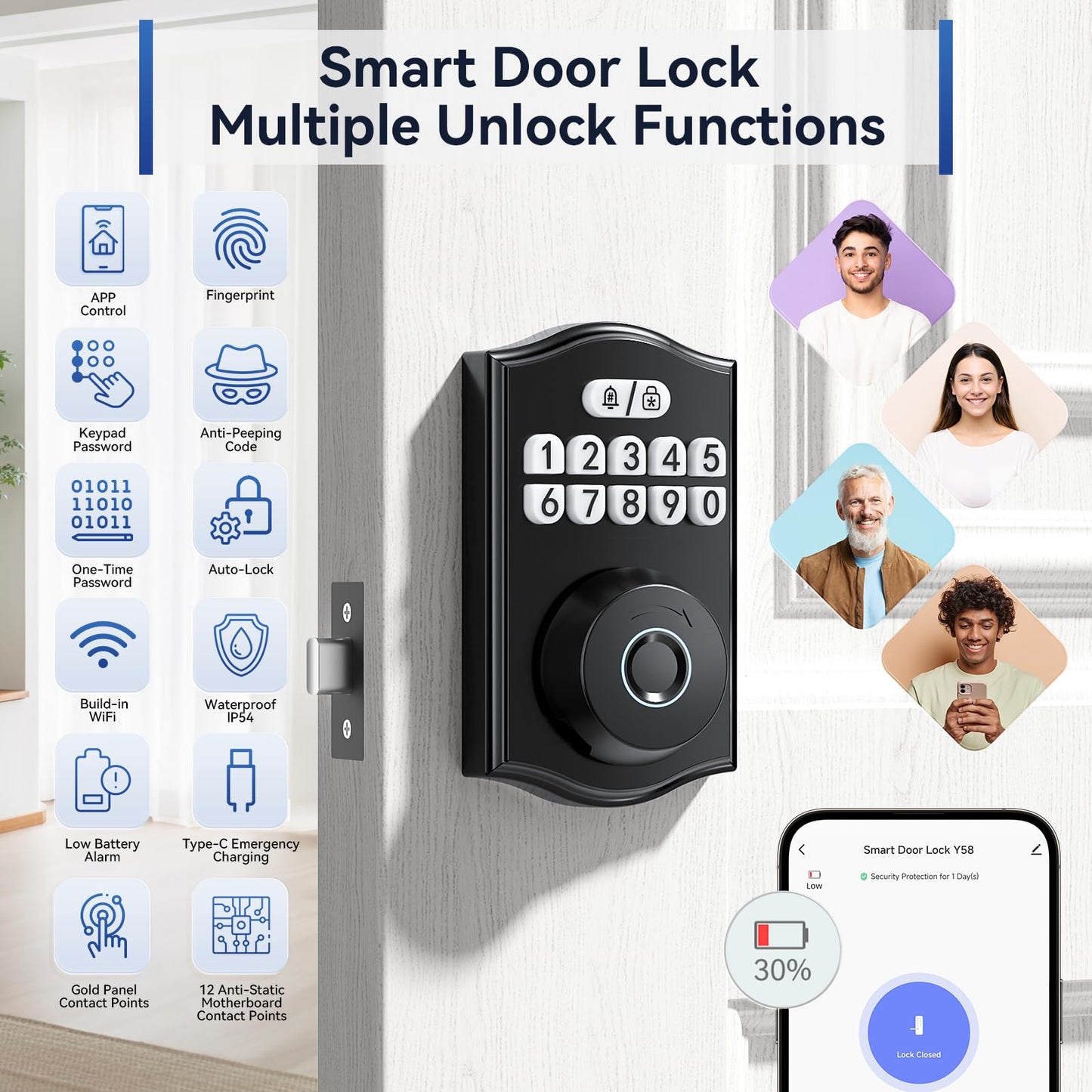 Ulecoce Y58 Built-in WiFi Fingerprint Door Lock Keyless Entry Door Lock for Front Door, Deadbolt Lock for Smart Home Apartment, App Remote Control, 15-Min Easy Install, Grade 3 Anti Security, Black