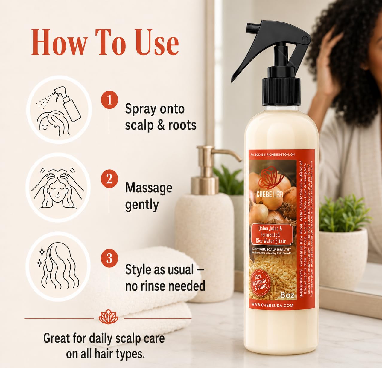 Fresh Onion Juice & Rice Water Hair Growth Spray with Rosemary & Mint (4 oz)– Strengthens Roots, Reduces Hair Fall, Promotes Thicker, Fuller Hair–Natural Scalp Treatment for Men & Women