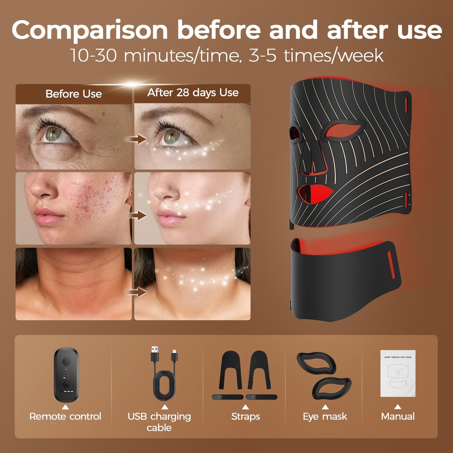 ONLUKY Red Light Therapy for Face,LED Face Mask Light Therapy with Neck Device,103 3-in-1 Light Beads,Remoter Rechargeable,Timing Function,Infrared Red Light Therapy Mask for Home