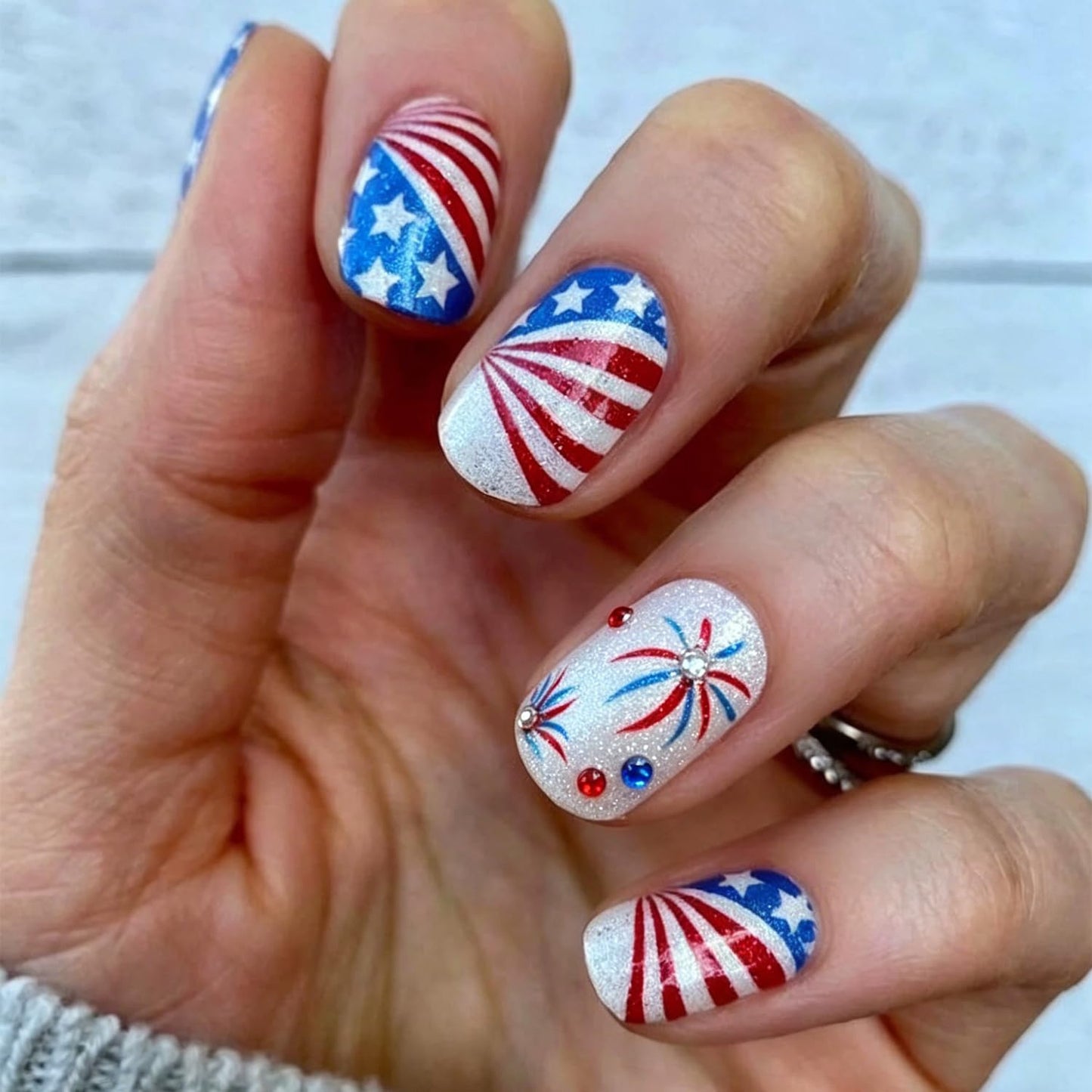 24Pcs 4th of July Press-On Nails - Medium Square Red, Blue & White Glitter Designs | Reusable Patriotic Acrylic Nails for Women