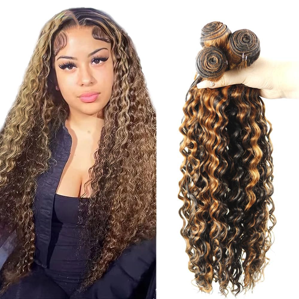 28 30 32 Inch DiexrLamx Ombre Human Hair Bundles Highlight Brown Deep Wave Bundle Brazilian Virgin Hair 3 Bundles Double Weft P1B/30 Bundle Hair Weave