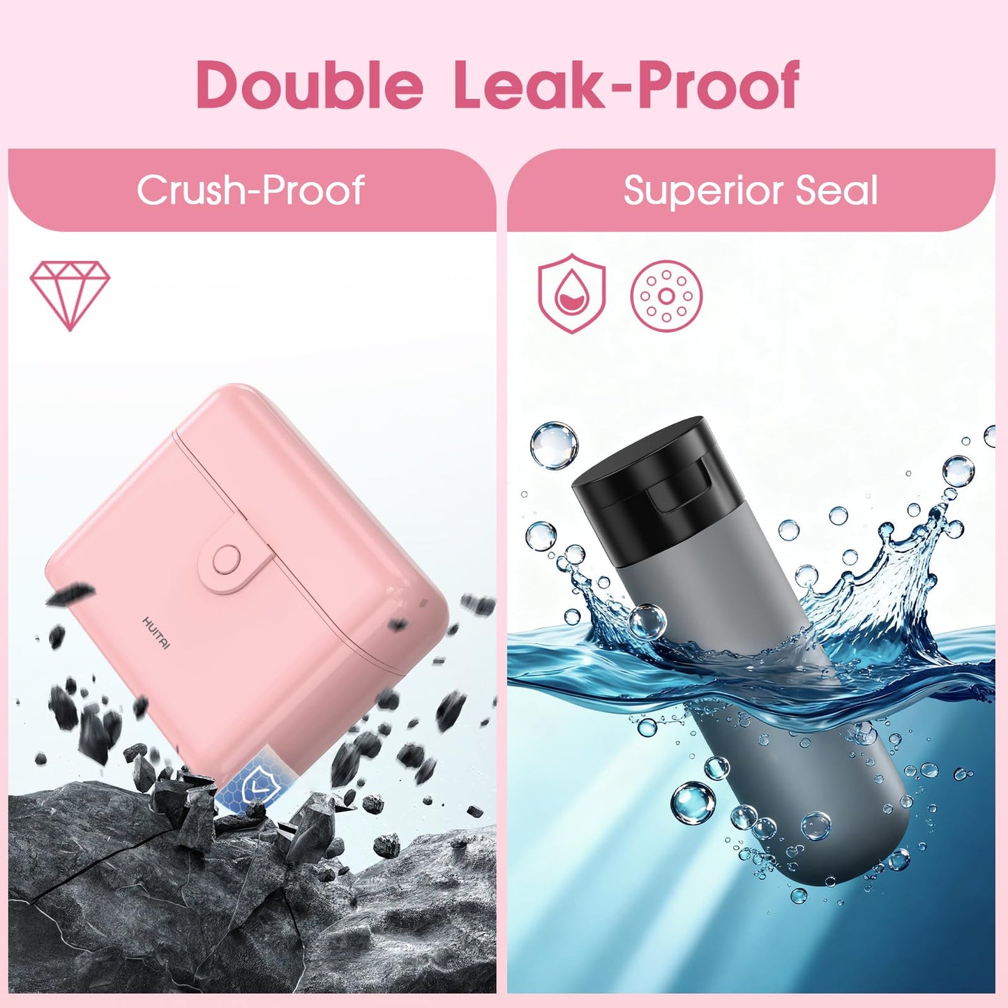 HUITAI Travel Bottles with Case, 4x2oz TSA Approved, Leak-Proof, Press to Unlock, Compact & Portable Travel Toiletries (Pink)