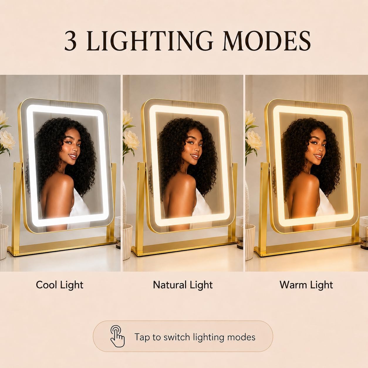 Gold Lighted Makeup Mirror - 15" x 13" Dimmable LED Vanity Mirror with Touch Control | 360° Rotation for Bedroom & Dorm