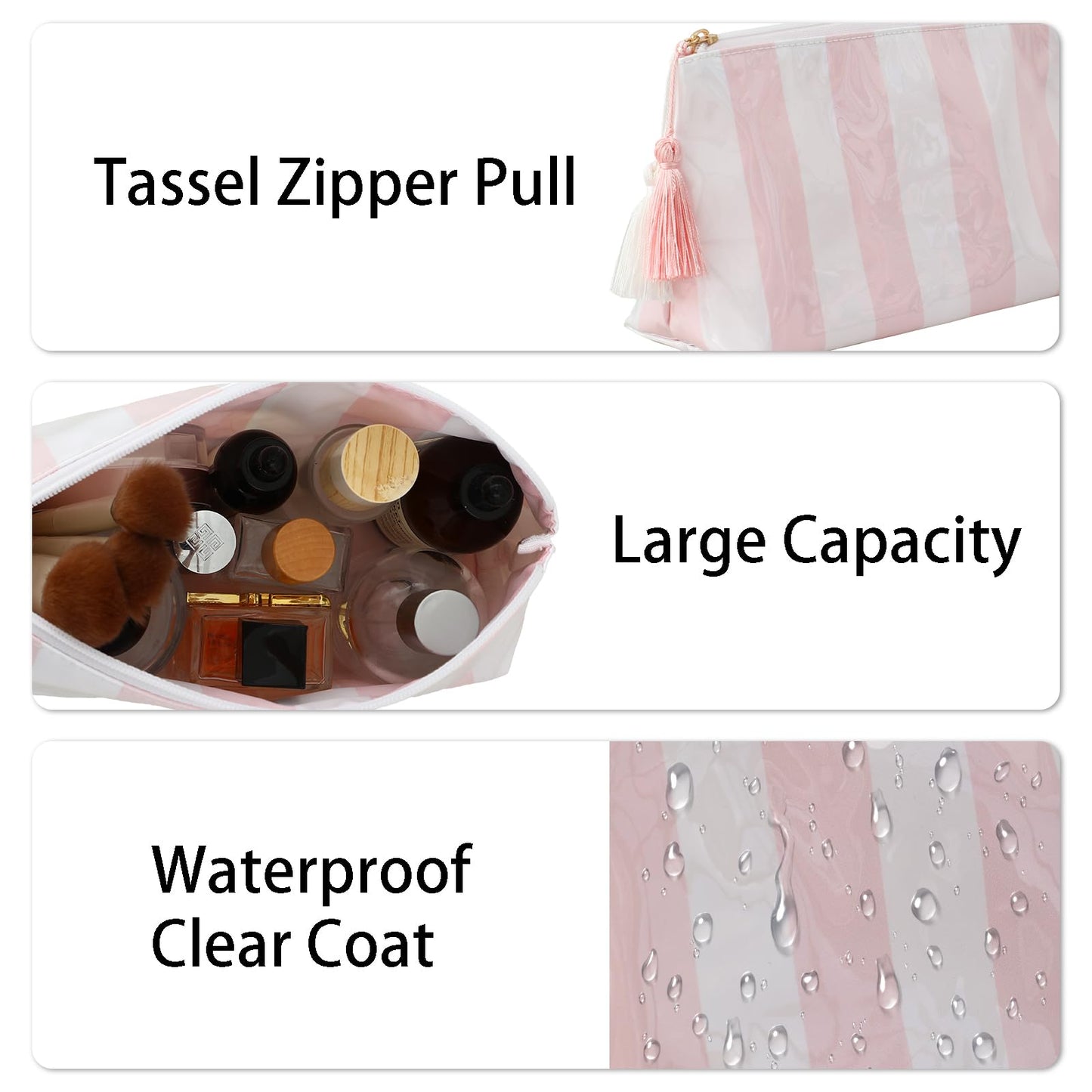 DYSHAYEN Makeup Bags for Purse,Small Clear Coated Cosmetic Bags for Women Girls, Waterproof Travel Organizer Zipper Pouch Beach Vacation Essentials (White-Pink)
