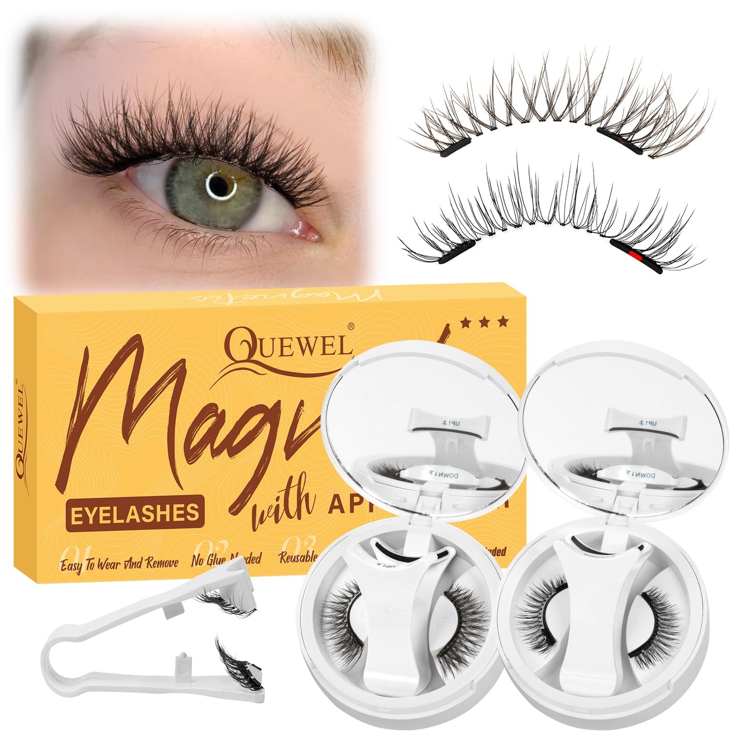 QUEWEL 2 Pairs Magnetic Eyelashes with Applicator Reusable No Glue Needed Magnetic Lashes Cat Eye Natural Look Lashes Kit Easy to Wear and Remove(NZH B+G)