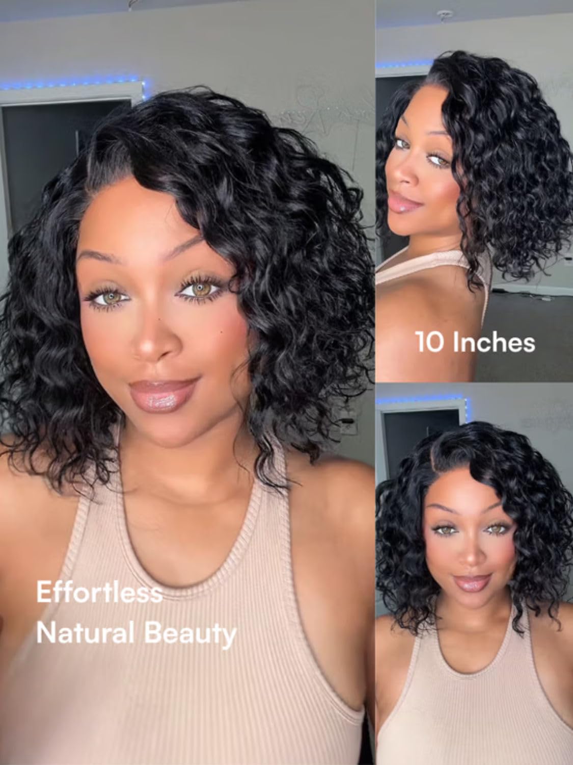 Beauty Forever Glueless Bob Wig Human Hair Water Wave 6x4 Lace Closure Pre Cut Pre Plucked Bye Bye Slip Secure Fit Side Part 250 Density Drawstring Short Curly Bob Wig for Black Women 12inch