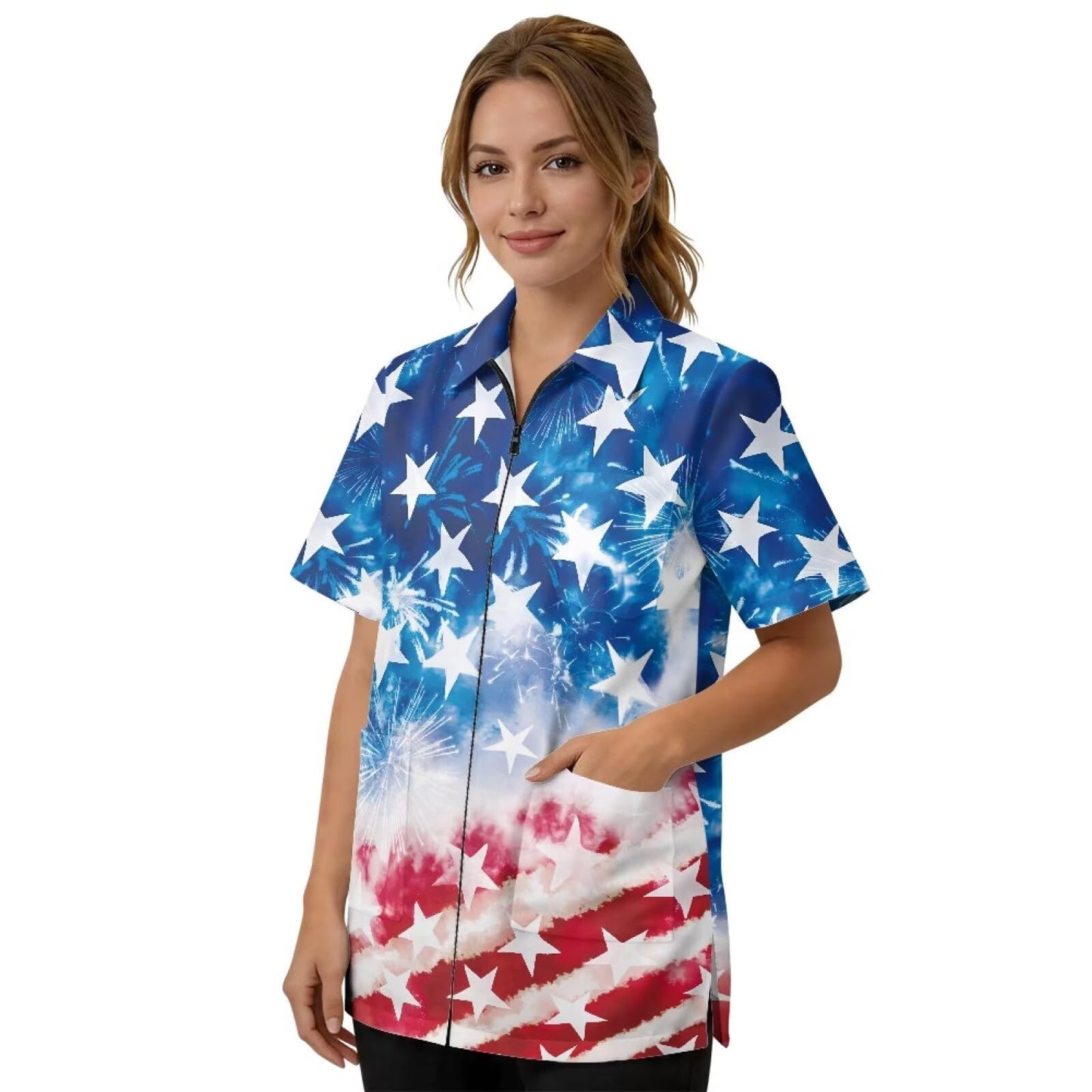 Srengjodk Blue Waterproof Smock For Barber, Hair Stylist Apron 3 Pockets Hairdresser Apron, Capes For Hairstylist America Flag Print Cosmetology Apron Grooming Smock L XL