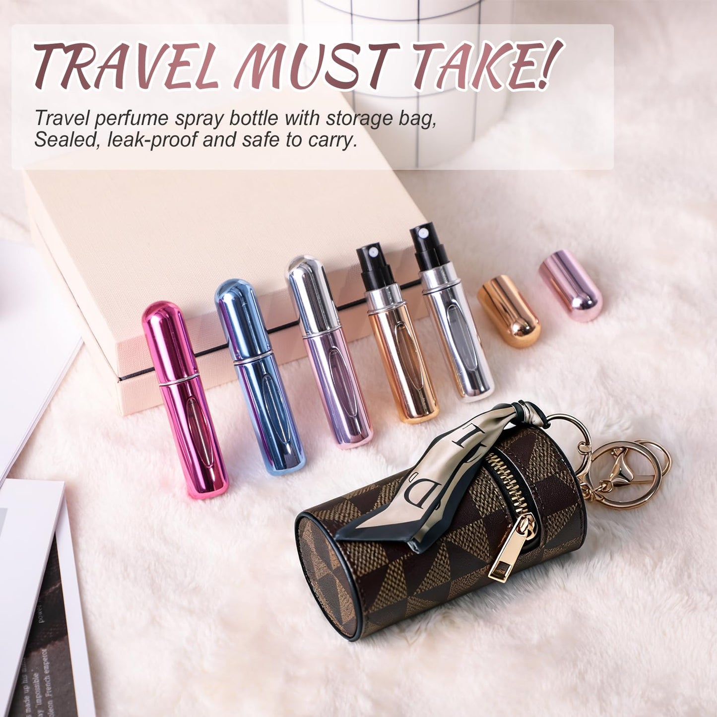 Yiesoum Portable Perfume Atomizer 5-Pack, Leak-Proof Refillable Travel Perfume Spray Bottles with Fine Mist & Funnel, TSA-Approved Mini Perfume Dispenser for Purse, Gym, Vacation (Includes Pouch)