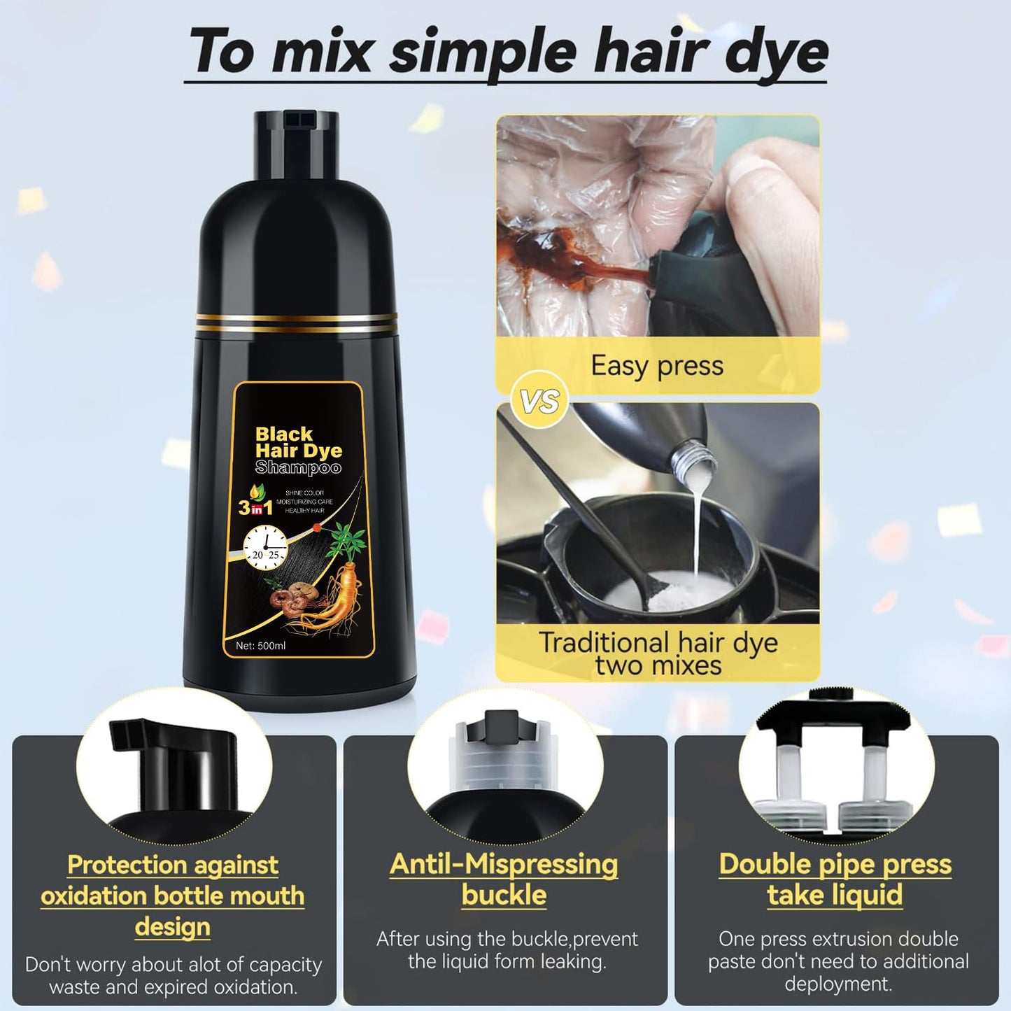 YOURTONE Black Hair Dye Shampoo 3 in 1, Hair Color Shampoo for Women & Men, Herbal Ingredients Shampoo para Pintar el Cabello for Grey Hair Coverage
