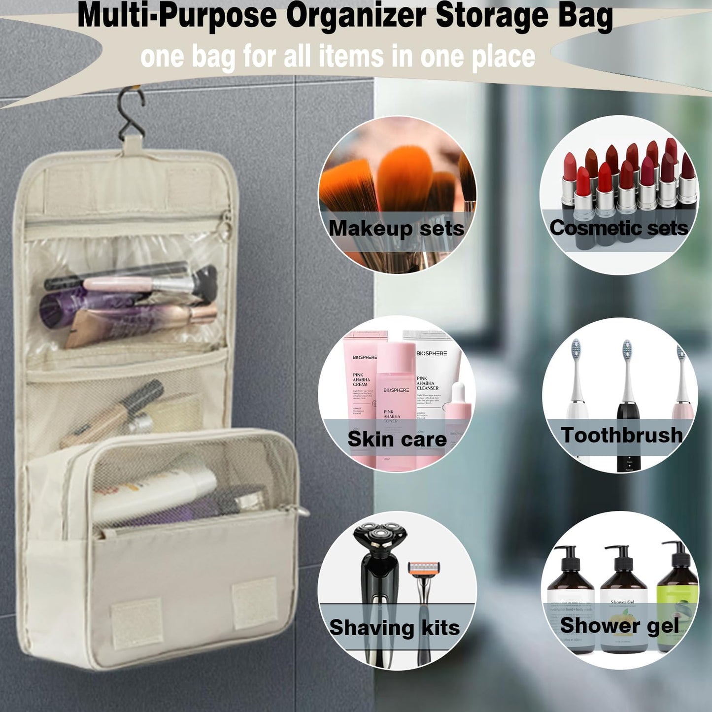 L&FY Hanging Travel Toiletry Bag Women's Cosmetic Organizer Makeup Case Pouch Men's Shaving Kits With Handle (Beige)