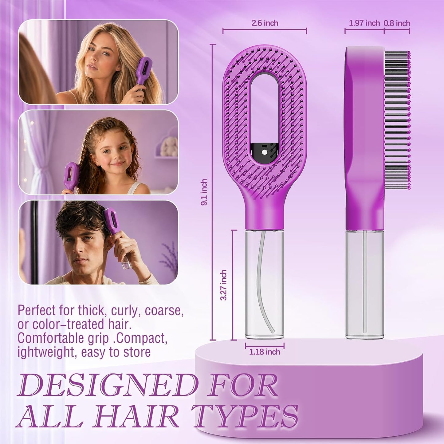 Detangling Hair Brush with Water Spray - 2-in-1 Anti-Static Tool for Curly Hair | Reduces Breakage & Frizz, Purple