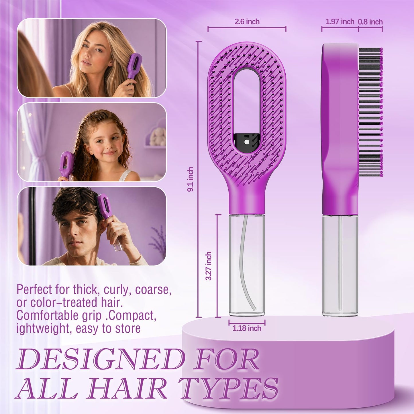 Purple Hair Brush with Water Spray, Fine Mist Detangling Tool for Natural Curly Coily Hair, Anti-Frizz Wet & Dry Styling for Textured Hair Care(1, Purple)