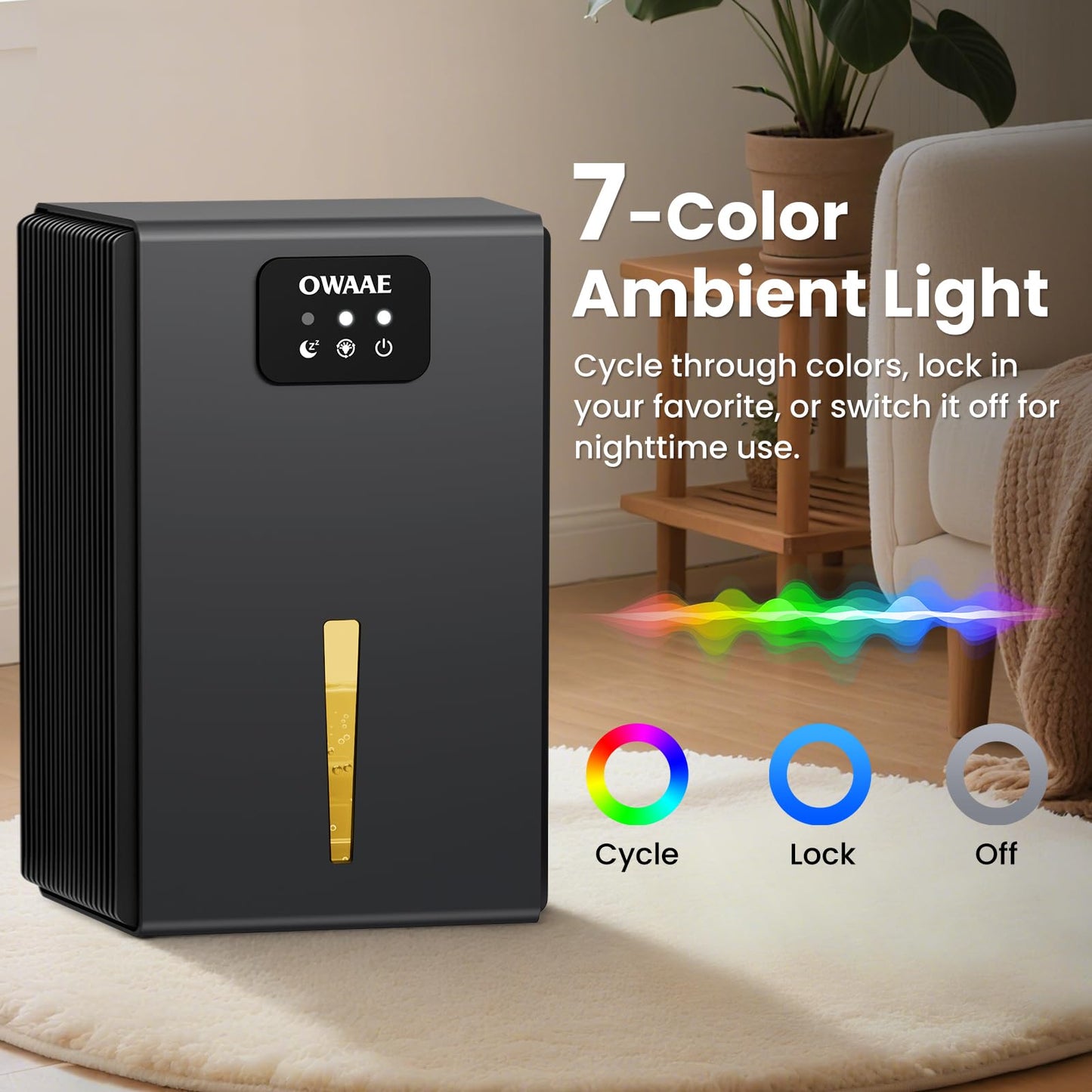 OWAAE Dehumidifier, 1000 sq.ft Quiet Dehumidifiers for Home Bedroom Basement Bathroom with 95oz Water Tank, Sleep Mode, Auto Shut-Off 7 Colors LED Light, Grey
