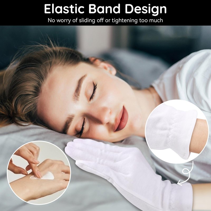 Segbeauty 24 Counts Hand Care Moisturizing Gloves with Elastic Band, Thick White Cotton Gloves for Women Men Dry Hands, 12 Pairs Lotion Sleeping Gloves Overnight, Stretchable Work Glove Liners Medium