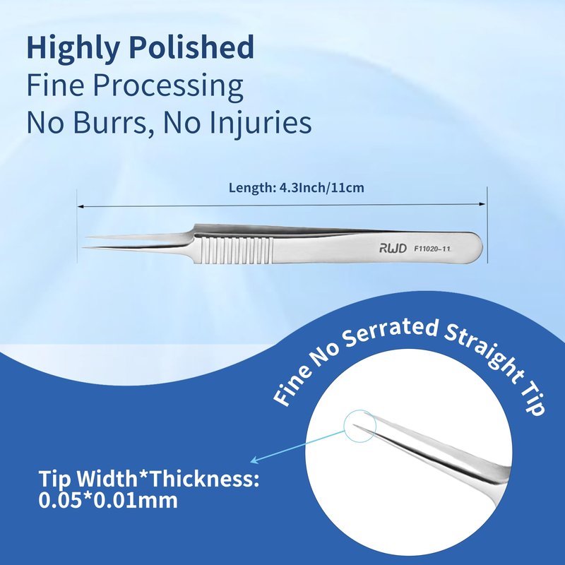 RWD Ultra-fine Dressing Forceps 4.3", Martensitic Stainless Steel Medical Tweezers, Head length 30mm, Tip 0.05 * 0.01mm, Surgical Tweezer for High-Precision Handling (F11020-11)