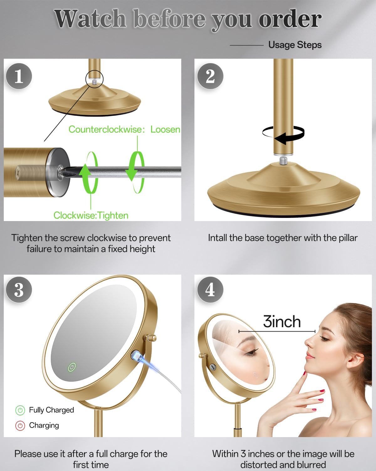 Lighted Makeup Mirror with Adjustable Height - 1X/30X Magnifying Double-Sided Vanity Mirror | 3000mAh Rechargeable, 3 LED Lighting Options for Women