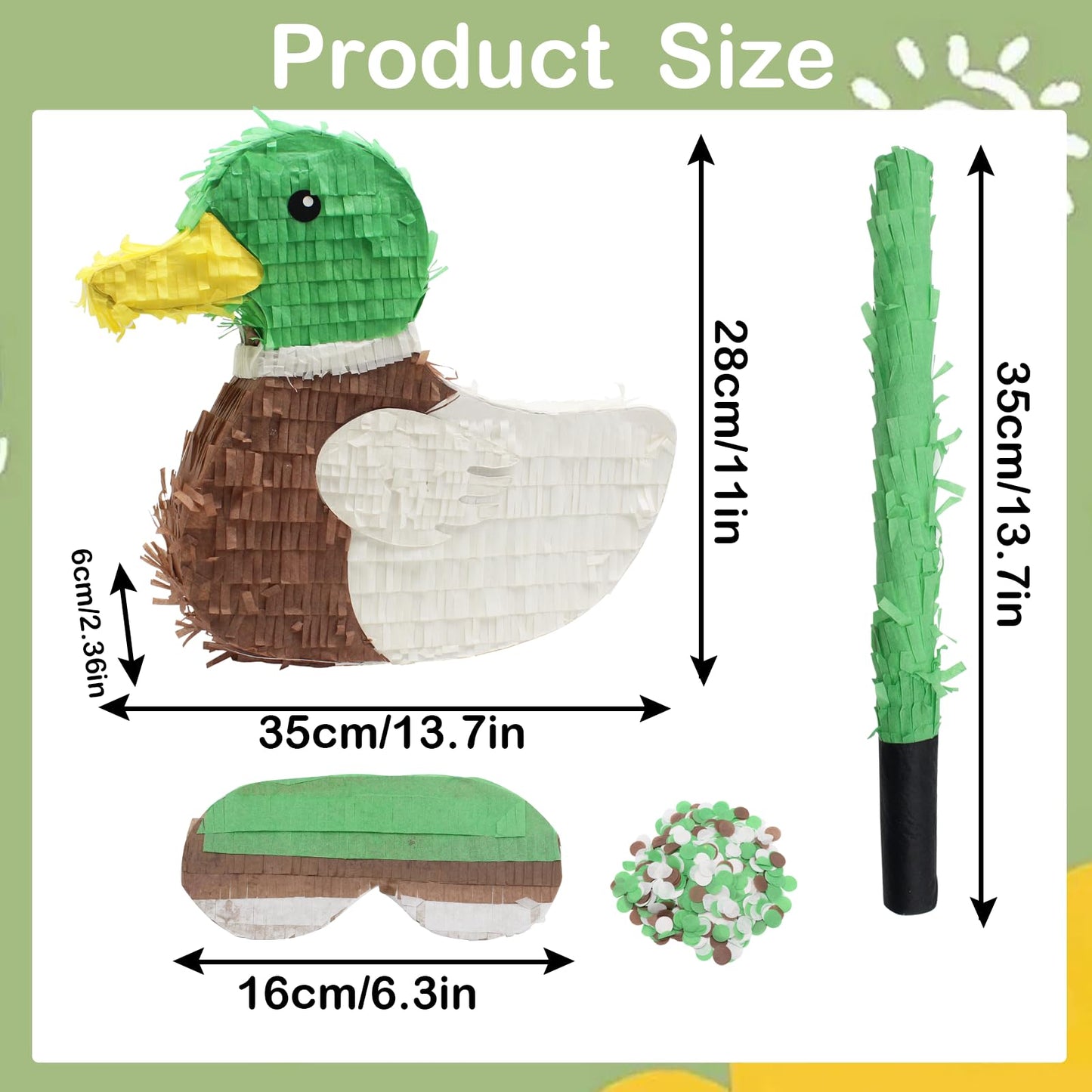 Mallard Duck Pinata Bundle with Stick, Blindfold, Bat, Gender Reveal Confetti for Duck Hunting Birthday One Lucky Party Decoration Farm Animal Theme Party Supplies