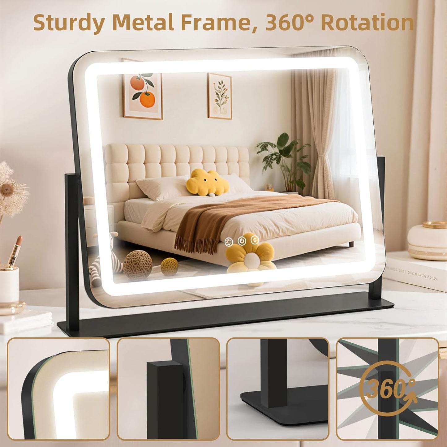 Lighted Makeup Mirror with 10X Magnification - 3 Color Dimmable Lights, 360° Rotation | 22"x17", Black