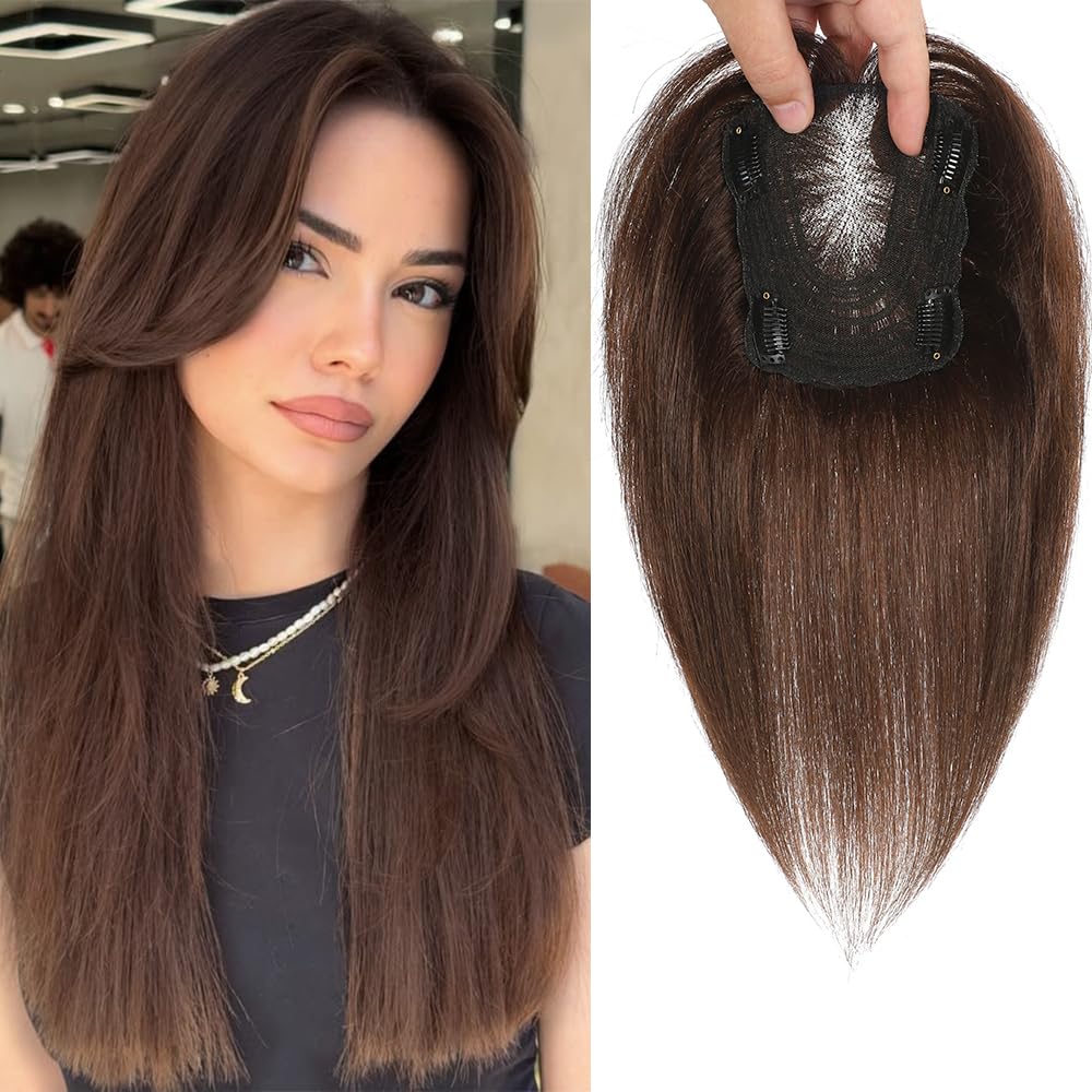 HVVZOY Hair Toppers for Women Real Human Hair,360°3D Big Basement Cover Topper for Women with Thinning Crown with Wispy Clip in Bangs Realistic Scalp