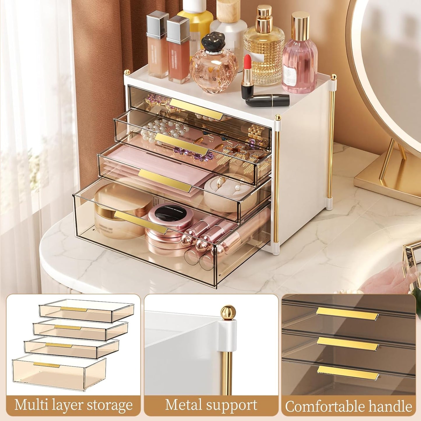 Aveniee 4-Drawer Makeup Organizer | Plastic Bathroom Storage for Cosmetics, Skincare & Jewelry - Gold