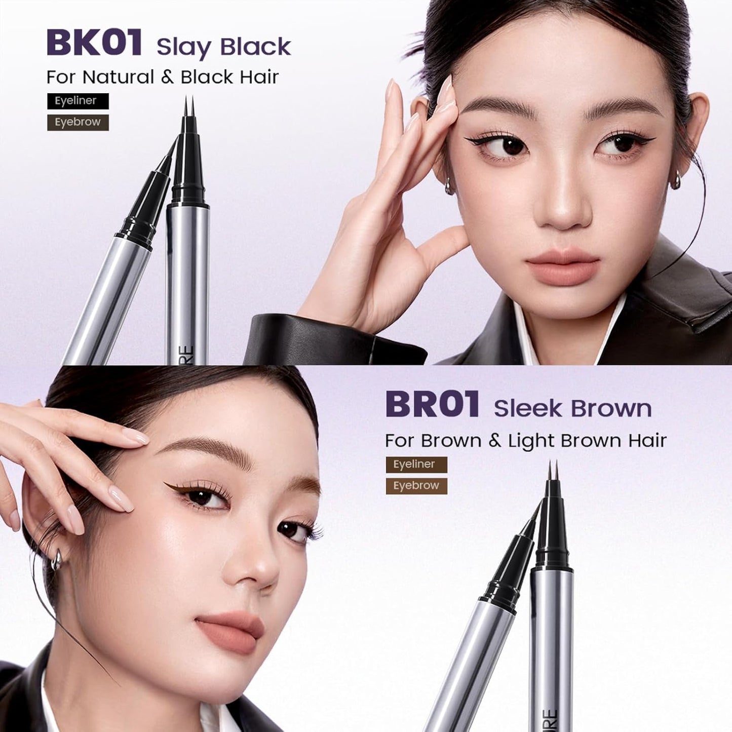 FOCALLURE 2-in-1 Dual-Ended Brow Pencil & Eyeliner - Waterproof Microblading Pen for Natural Hair-Like Strokes | Brown