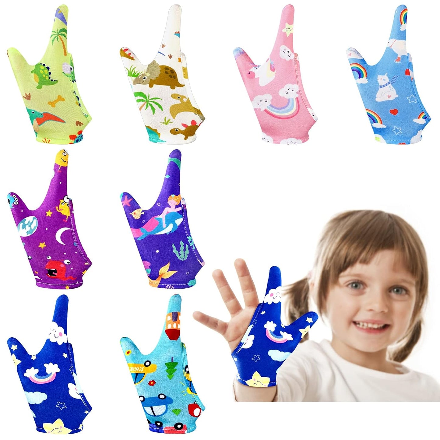 Thumb Sucking Stopper Gloves for Kids - 16 Pcs Chewy Thumb Guards | Breathable & Cute Designs (Ages 8-12)