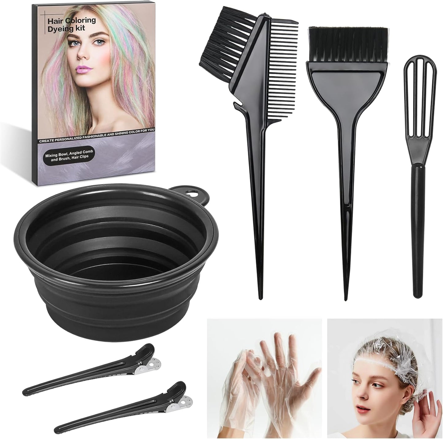 Hair Coloring Kit - 8 Professional Dye Tools for Home Salon Use | Bowl, Brush, Comb, Clips, Gloves, Shower Cap - Reusable Supplies (Black)