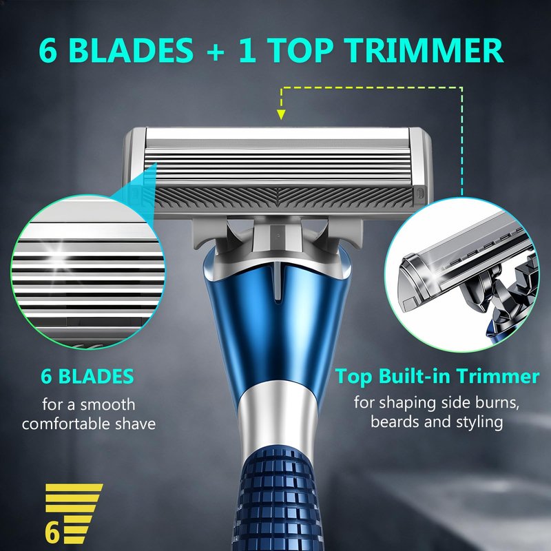FYNEDGE 6-Blade Manual Razor for Men with Lubricating Strip, 1 Ergonomic Non-Slip Handle Includes 2pack Razor Blade Refill Cartridges, with Hanging Hook & Cleaning Brush, Full Washable Design
