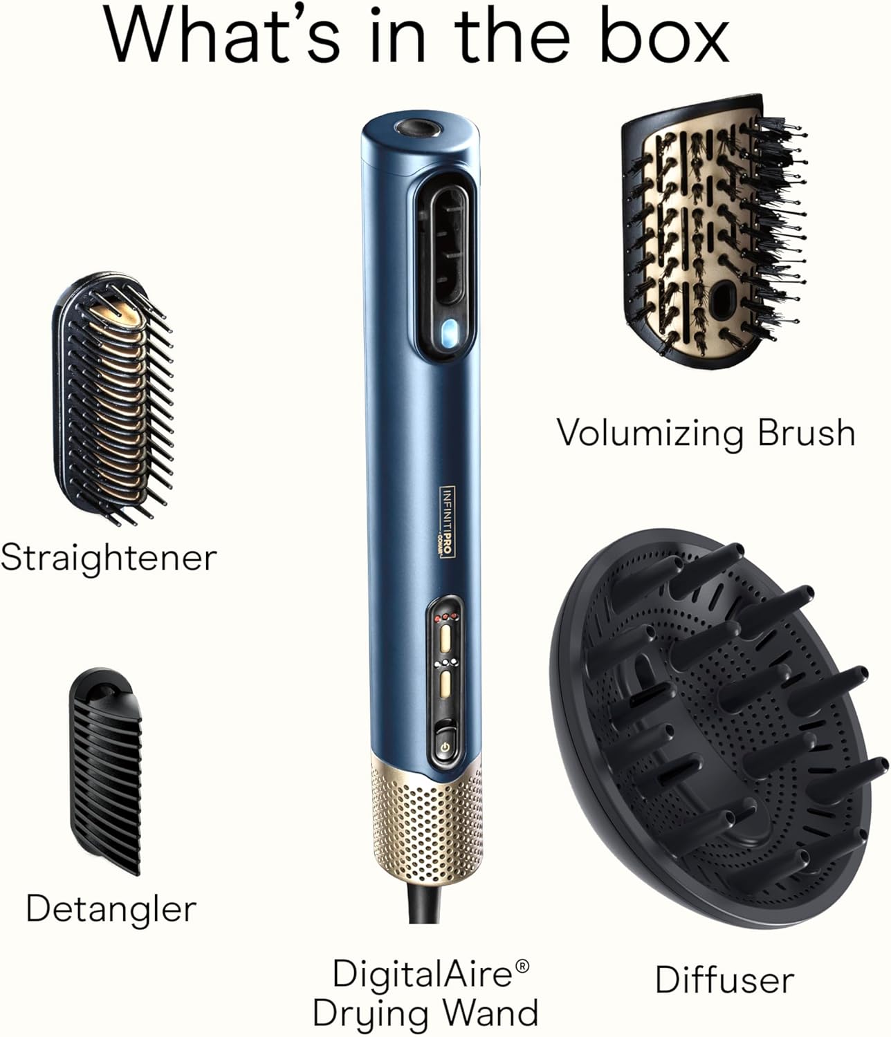 Infiniti PRO CONAIR DigitalAIRE Hair Dryer - Ionic All-in-One Styling Wand with 4 Attachments | Dark Blue
