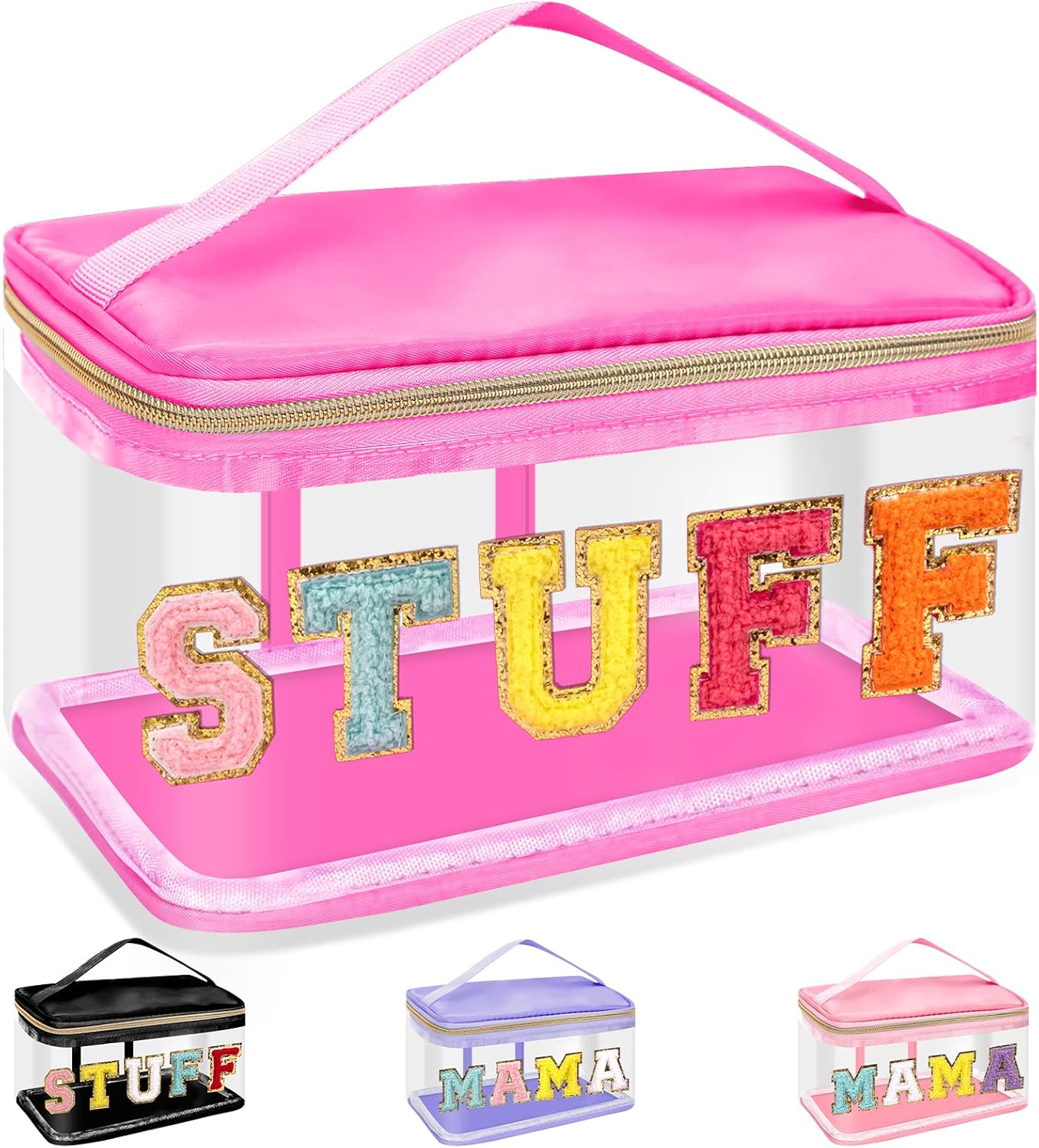 Clear Makeup Bag - Chenille Letter Hair Pouch | Waterproof Glitter Cosmetic Handbag for Travel - Green